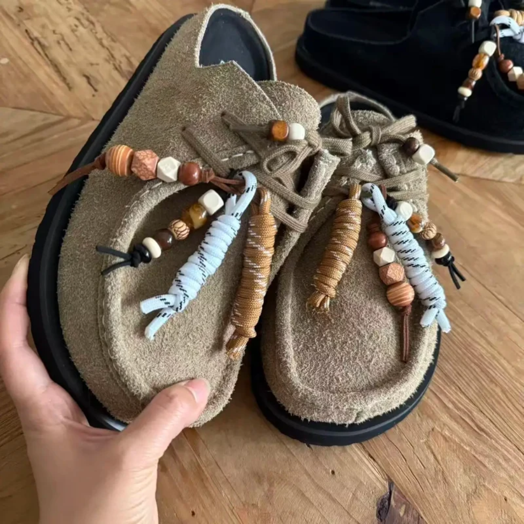 Mule Loafers Suede Slip On Backless Moccasin Beaded Chunky Sole