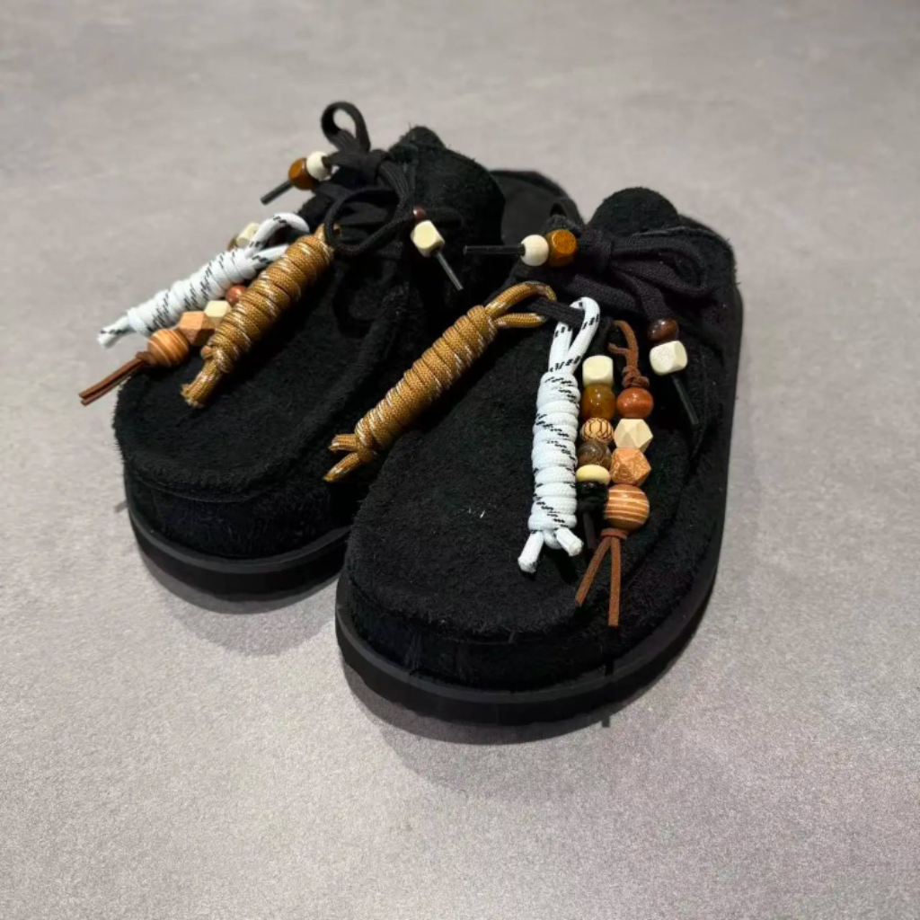 Mule Loafers Suede Slip On Backless Moccasin Beaded Chunky Sole