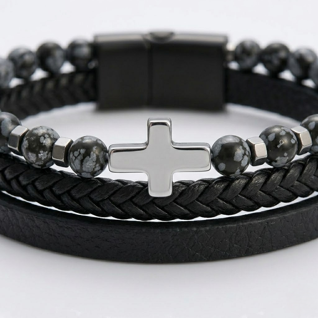 Natural Stone Cross Leather Bracelet | Men's Wristband