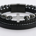 Natural Stone Cross Leather Bracelet | Men's Wristband