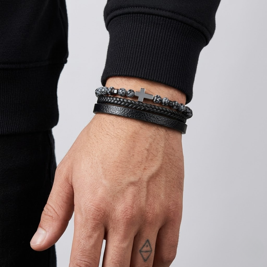 Natural Stone Cross Leather Bracelet | Men's Wristband