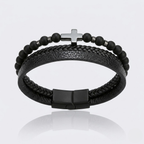 Natural Stone Cross Leather Bracelet | Men's Wristband