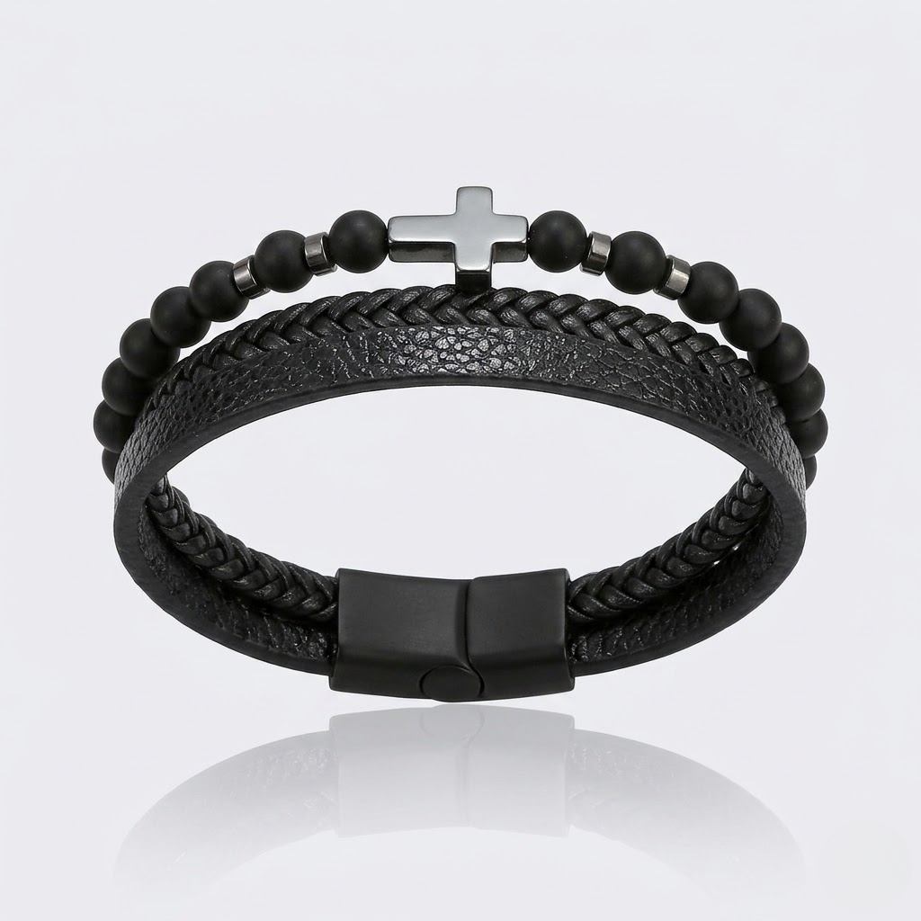 Natural Stone Cross Leather Bracelet | Men's Wristband