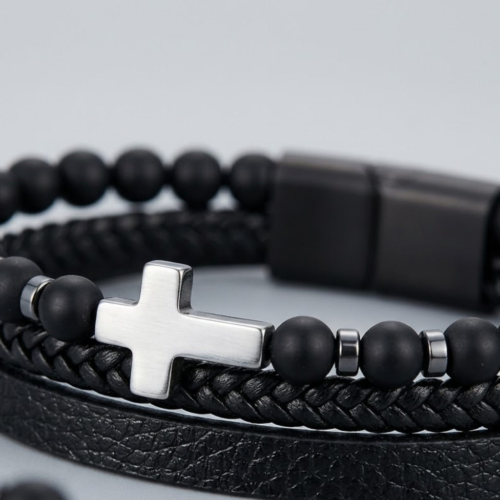Natural Stone Cross Leather Bracelet | Men's Wristband