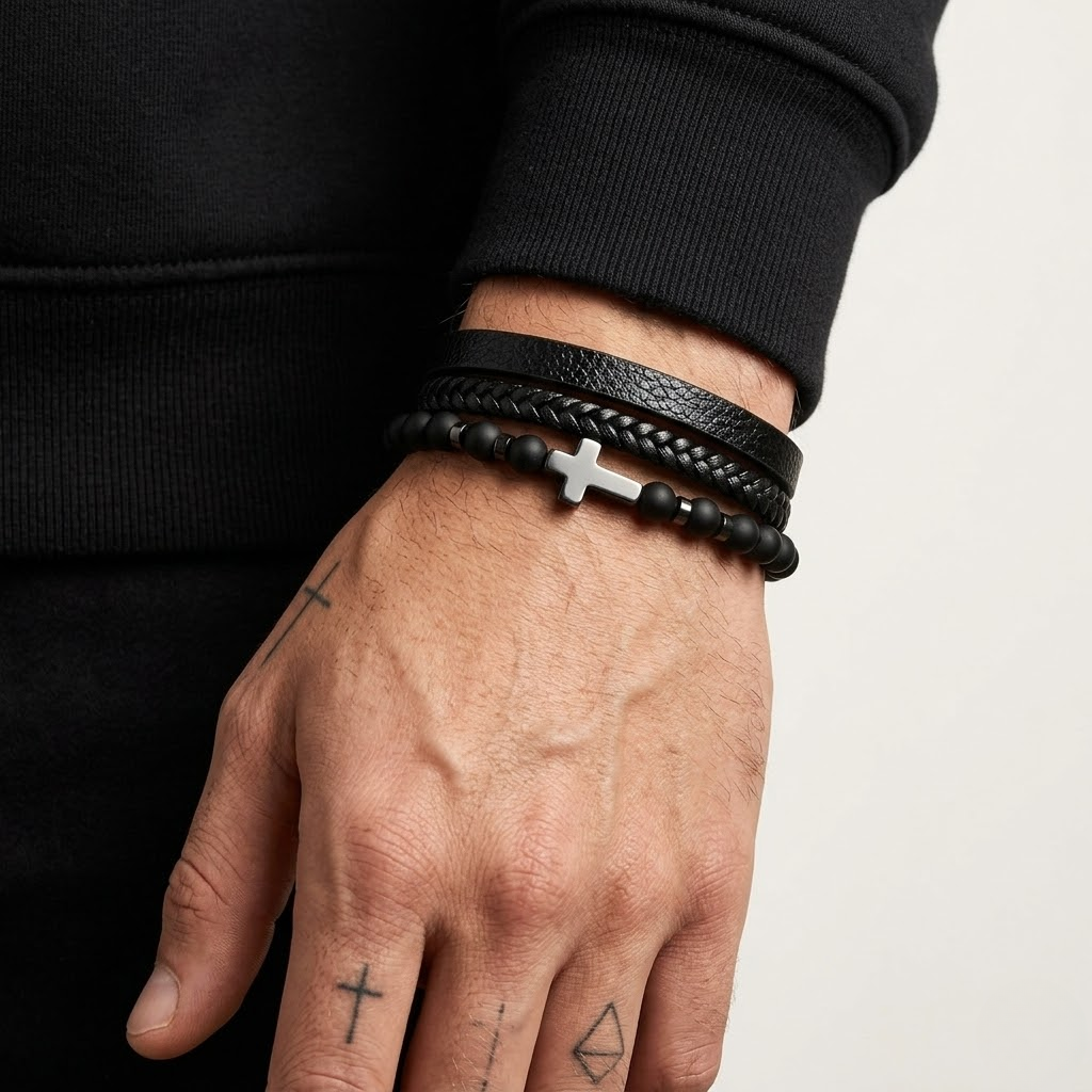 Natural Stone Cross Leather Bracelet | Men's Wristband