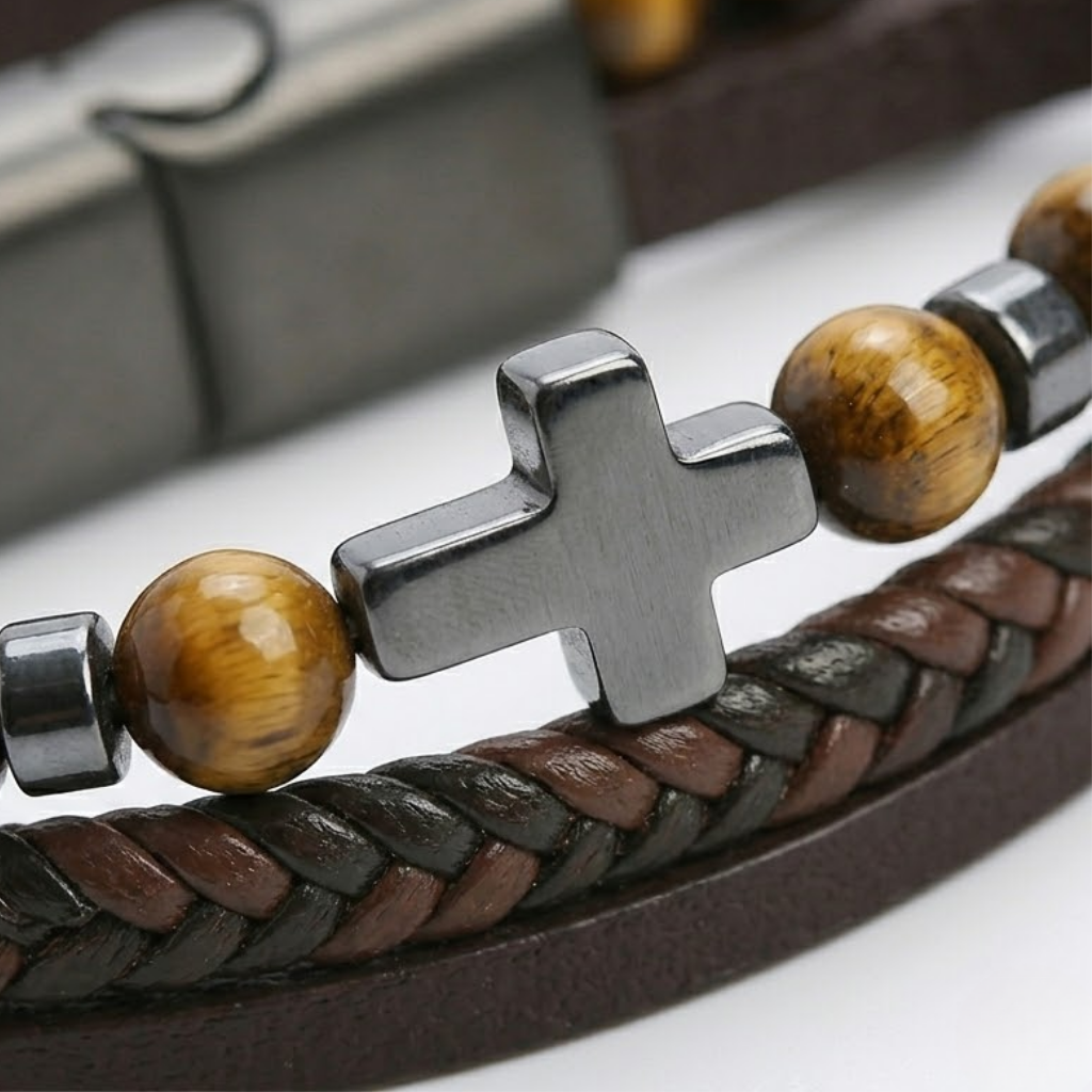 Natural Stone Cross Leather Bracelet | Men's Wristband