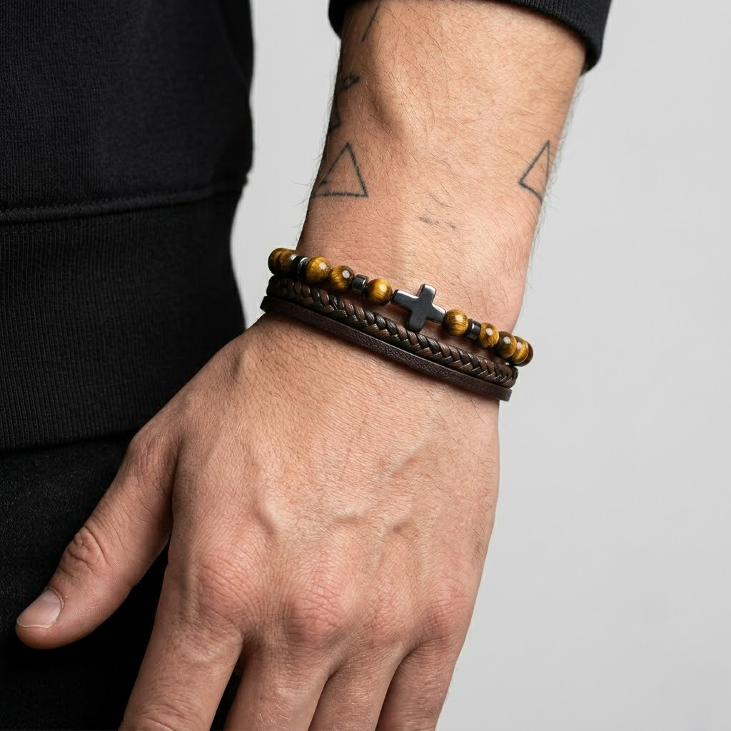 Natural Stone Cross Leather Bracelet | Men's Wristband