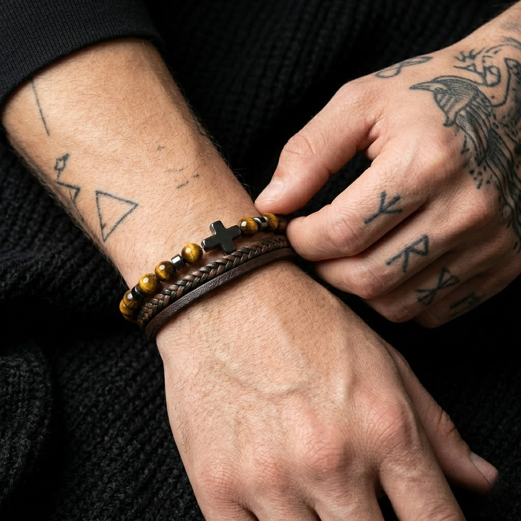 Natural Stone Cross Leather Bracelet | Men's Wristband
