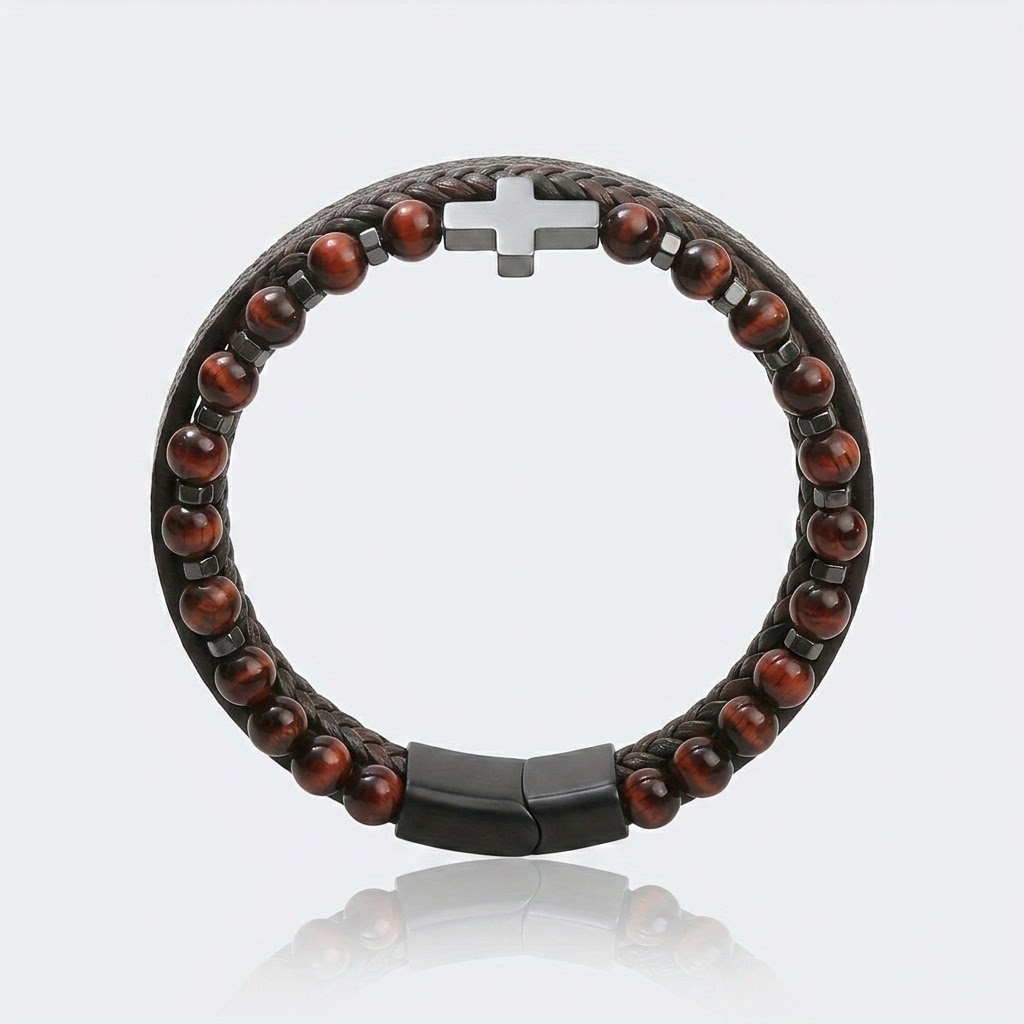 Natural Stone Cross Leather Bracelet | Men's Wristband