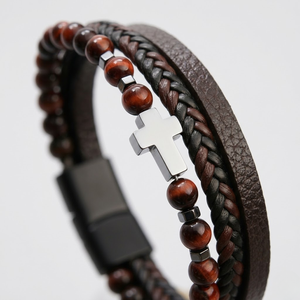 Natural Stone Cross Leather Bracelet | Men's Wristband