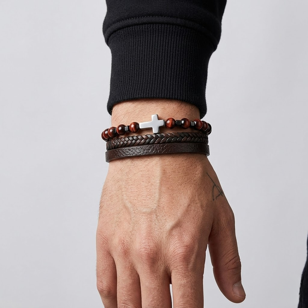 Natural Stone Cross Leather Bracelet | Men's Wristband