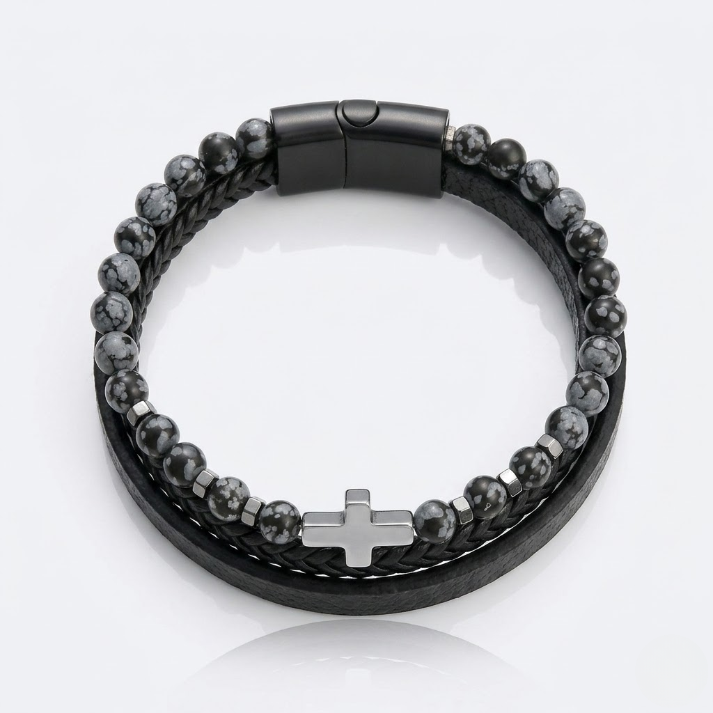 Natural Stone Cross Leather Bracelet | Men's Wristband