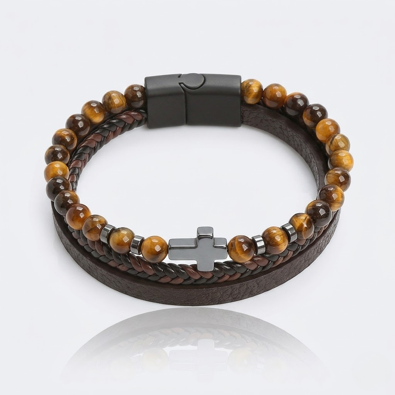 Natural Stone Cross Leather Bracelet | Men's Wristband