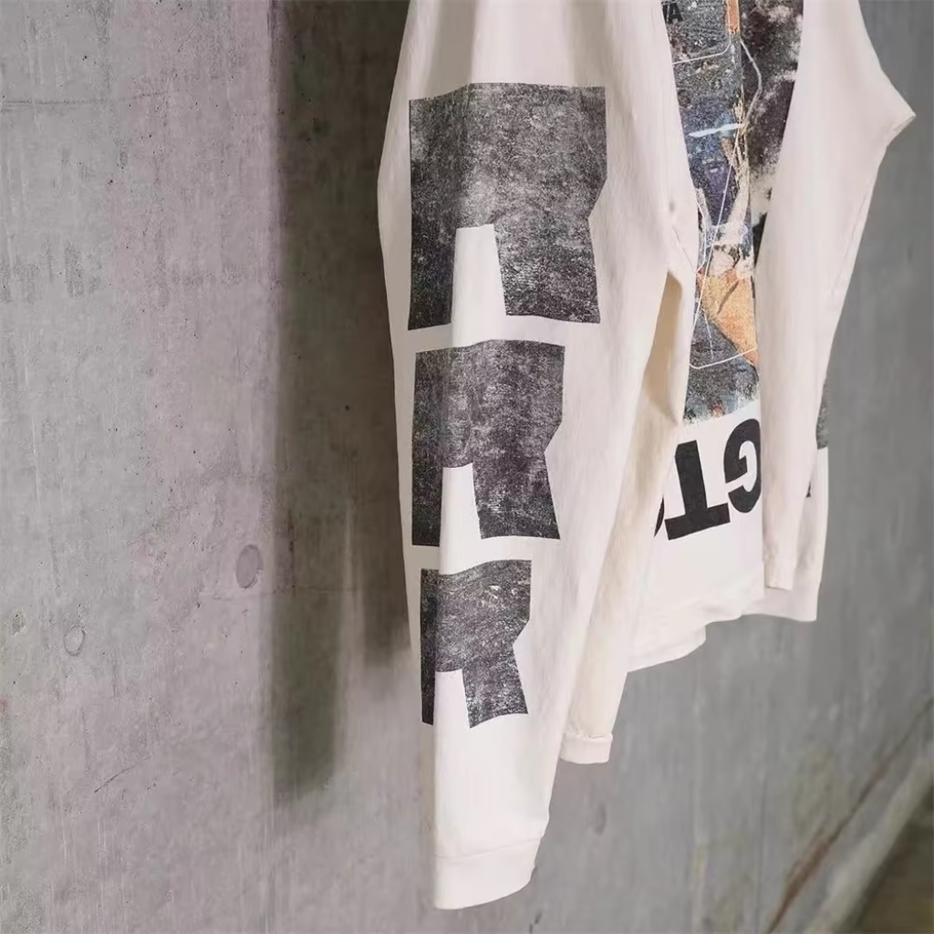 Oversized Long Sleeve Graphic Tee Cotton White Vintage Washed White Streetwear T Shirt