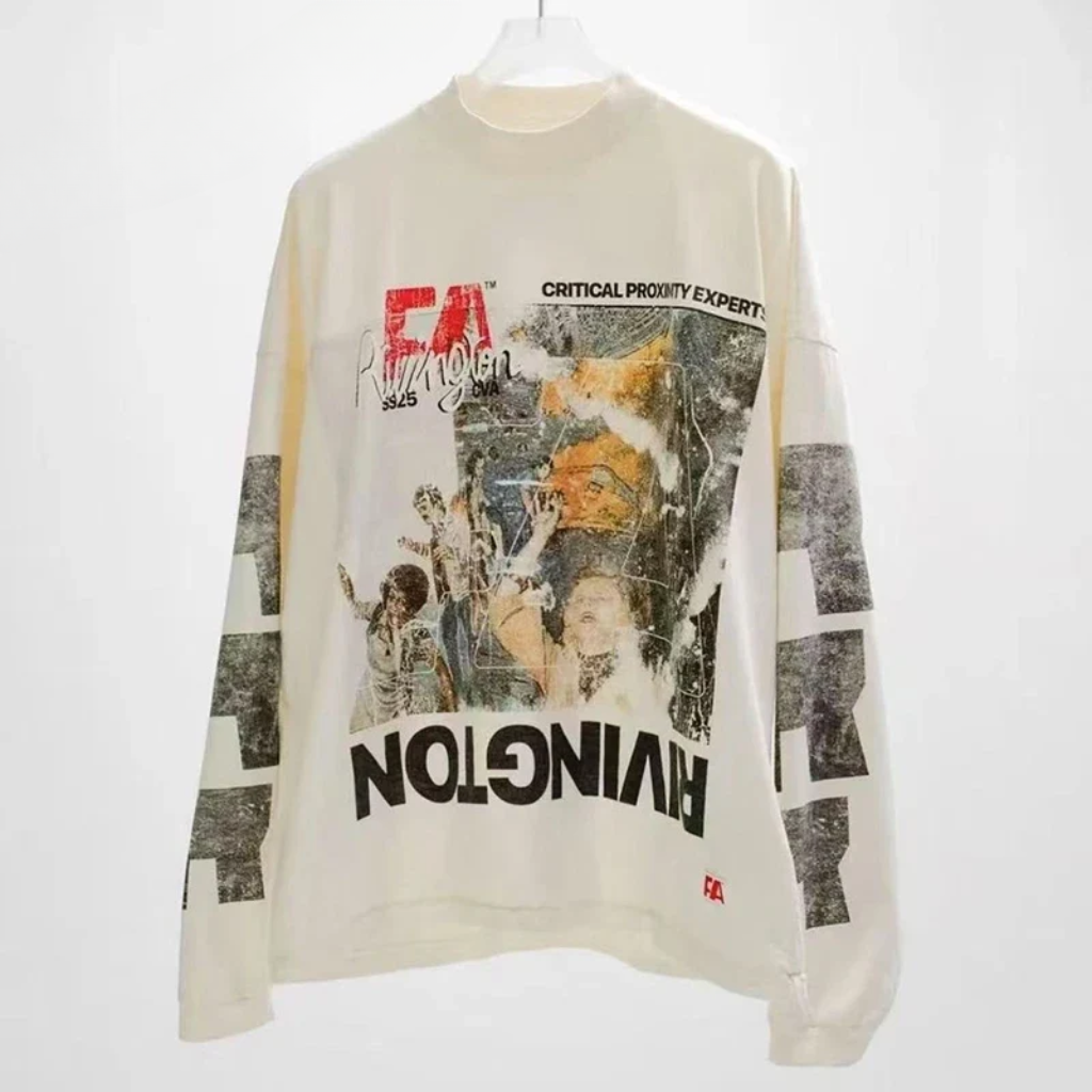 Oversized Long Sleeve Graphic Tee Cotton White Vintage Washed White Streetwear T Shirt