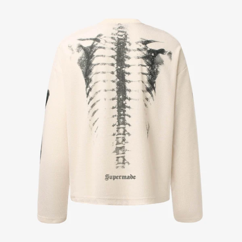 Oversized Long Sleeve Graphic Tee Mens Skeleton Skull Print Streetwear T Shirt