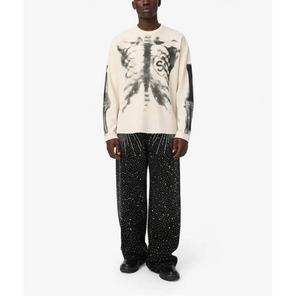 Oversized Long Sleeve Graphic Tee Mens Skeleton Skull Print Streetwear T Shirt