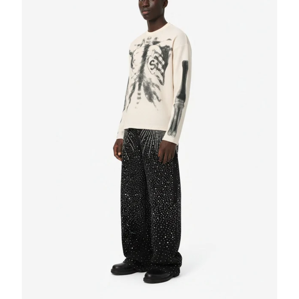 Oversized Long Sleeve Graphic Tee Mens Skeleton Skull Print Streetwear T Shirt
