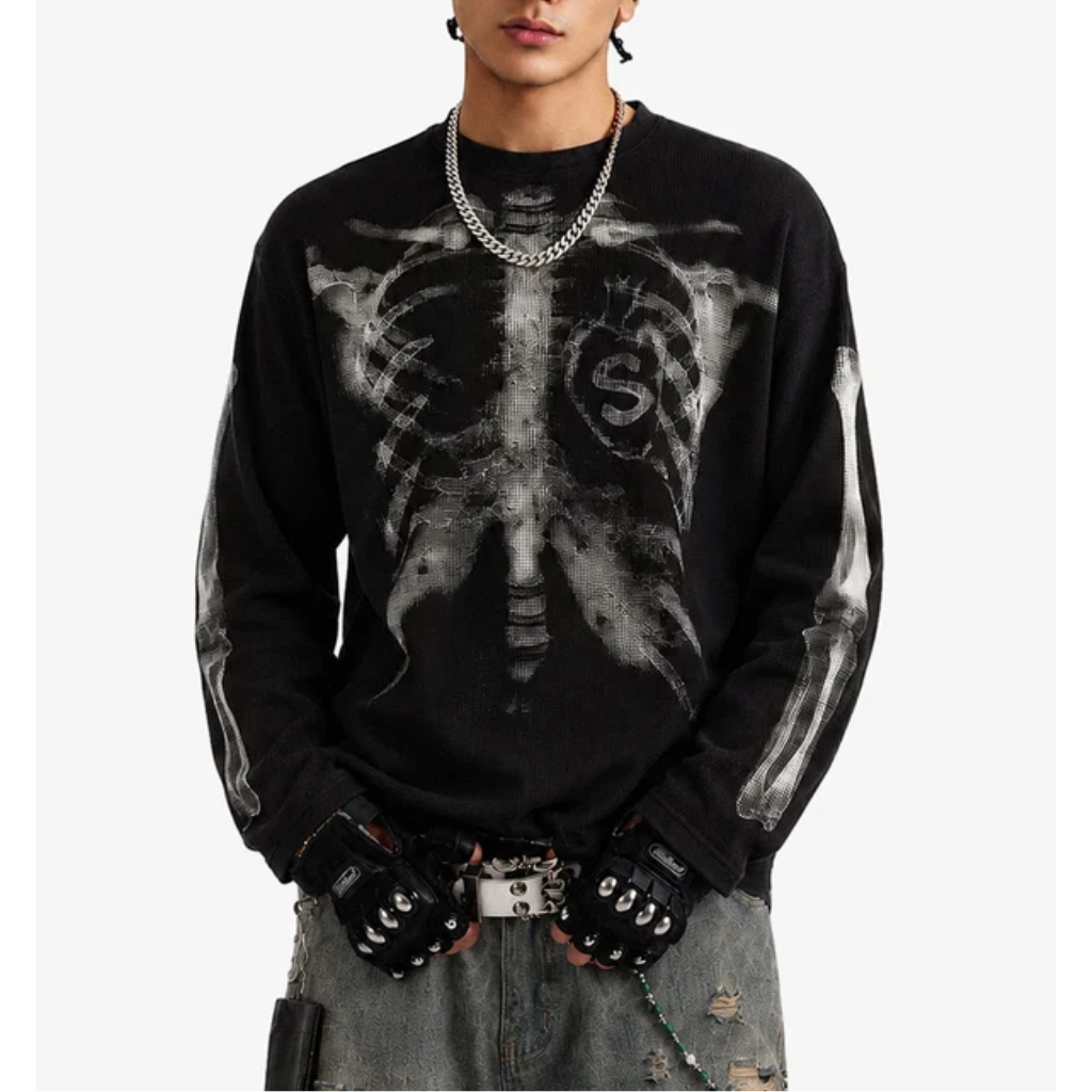 Oversized Long Sleeve Graphic Tee Mens Skeleton Skull Print Streetwear T Shirt