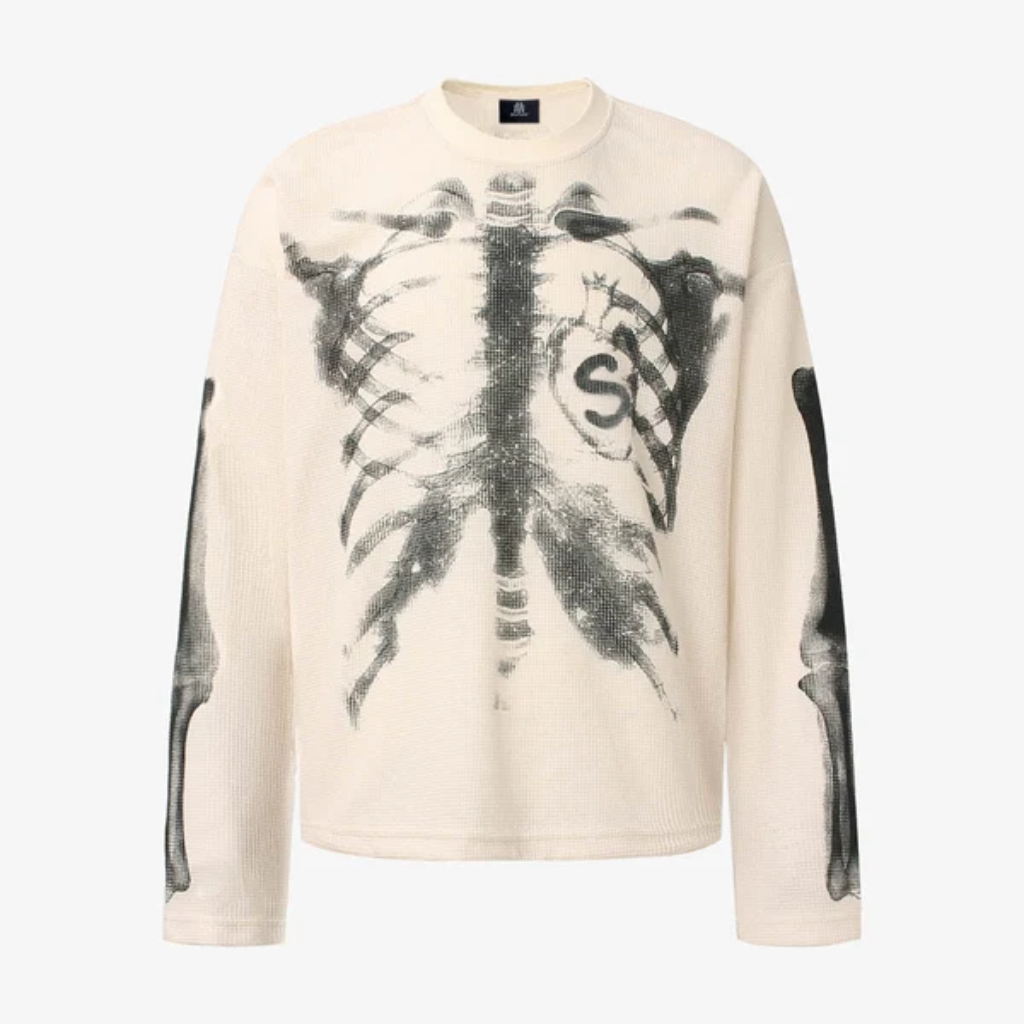 Oversized Long Sleeve Graphic Tee Mens Skeleton Skull Print Streetwear T Shirt