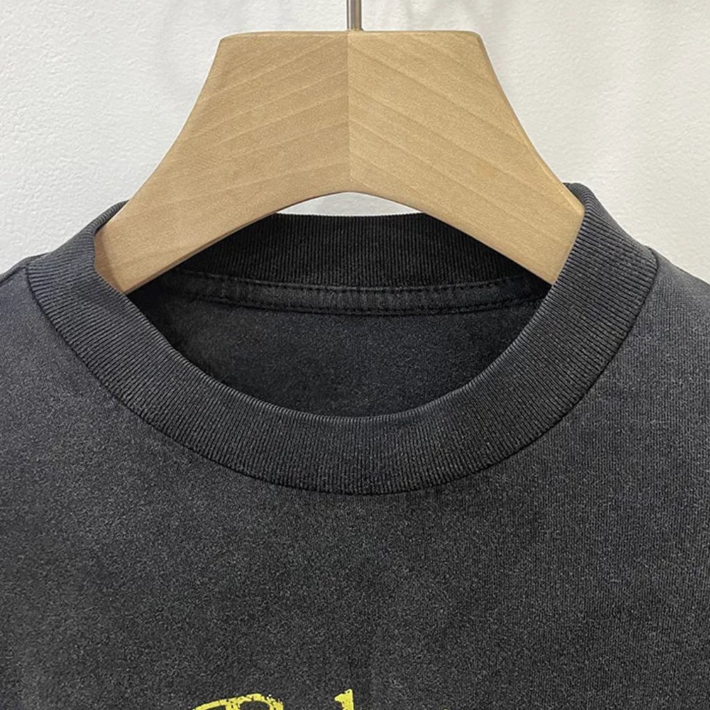 Oversized Long Sleeve Graphic Tee Vintage Washed Black Streetwear T Shirt