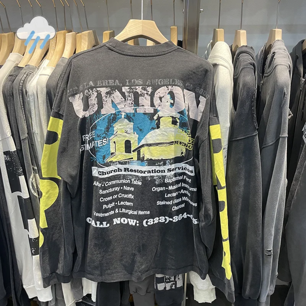 Oversized Long Sleeve Graphic Tee Vintage Washed Black Streetwear T Shirt