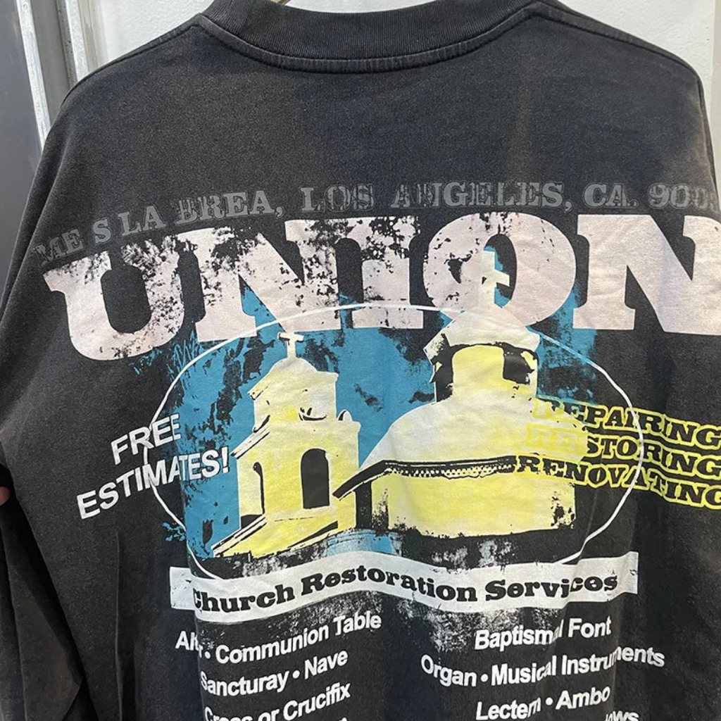 Oversized Long Sleeve Graphic Tee Vintage Washed Black Streetwear T Shirt