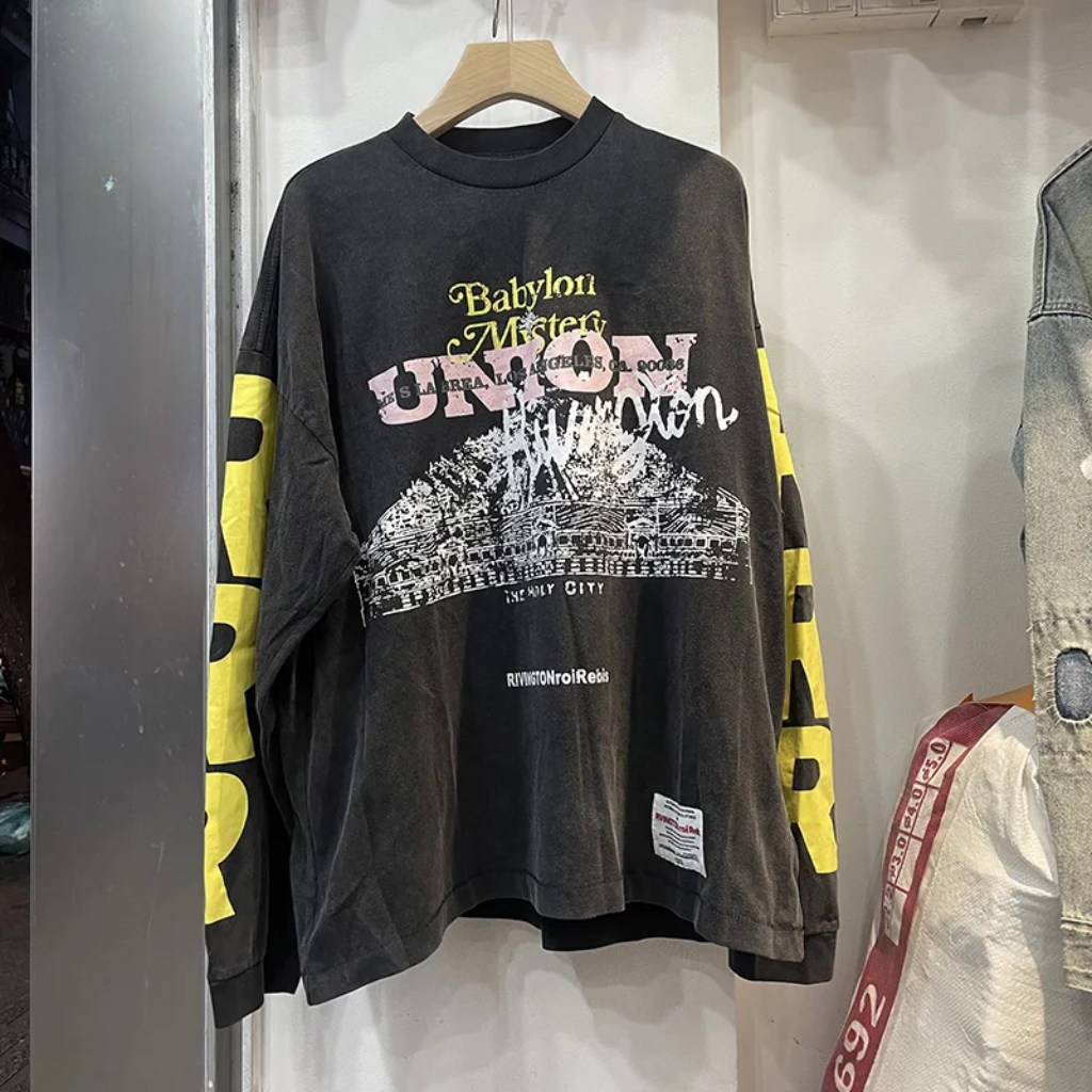 Oversized Long Sleeve Graphic Tee Vintage Washed Black Streetwear T Shirt