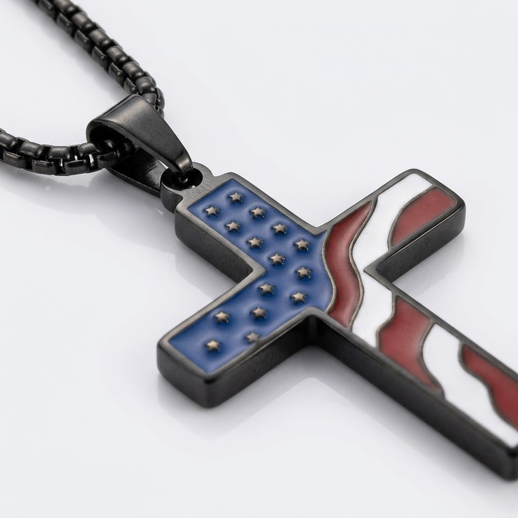 Patriotic American Flag Cross Pendant Necklace