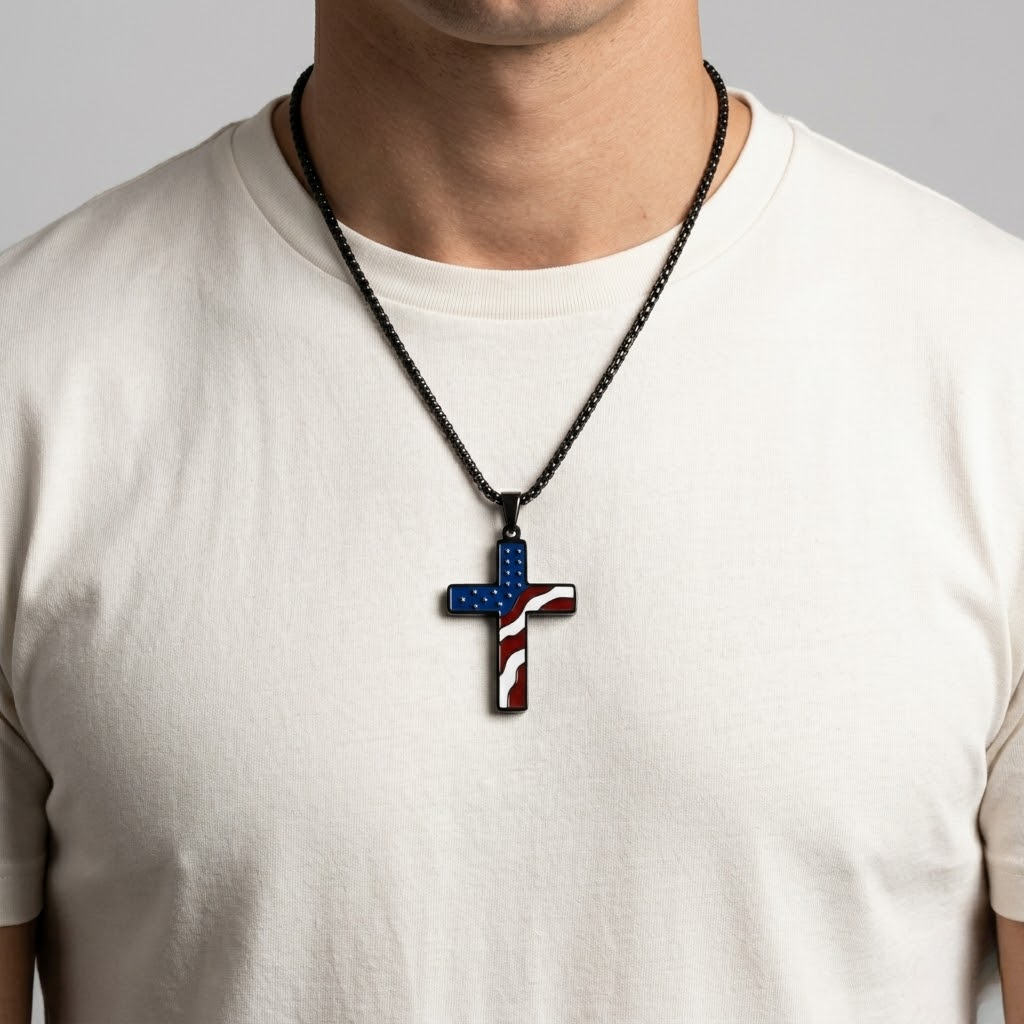 Patriotic American Flag Cross Pendant Necklace
