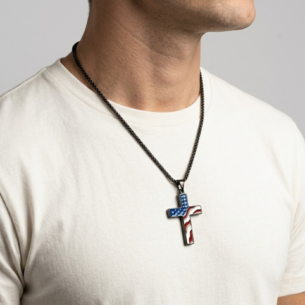 Patriotic American Flag Cross Pendant Necklace