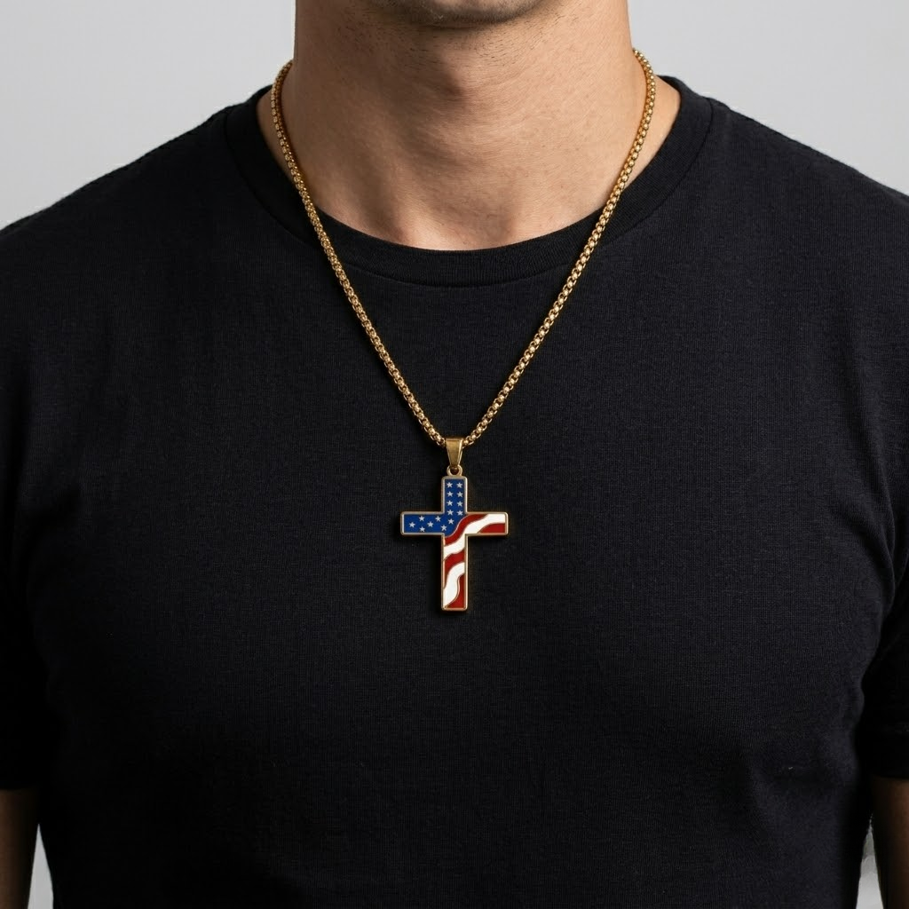 Patriotic American Flag Cross Pendant Necklace