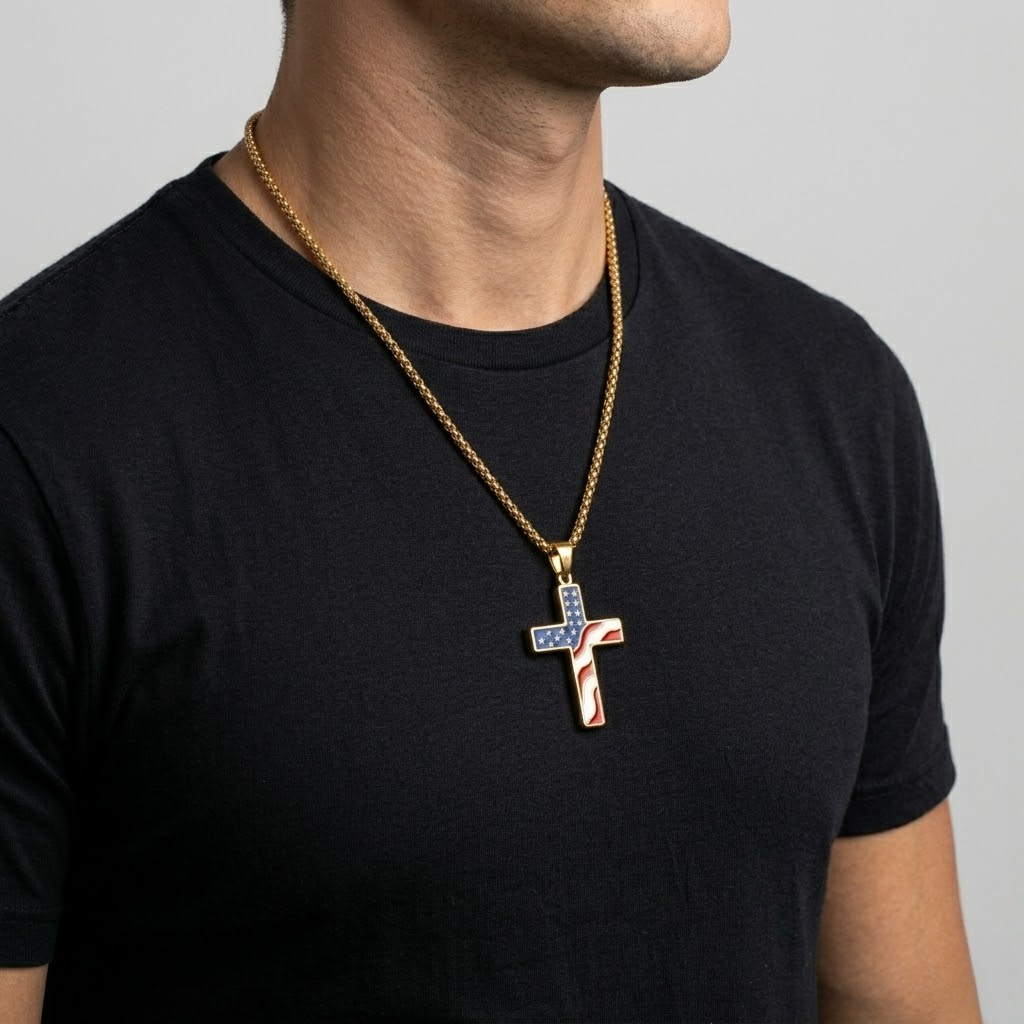 Patriotic American Flag Cross Pendant Necklace
