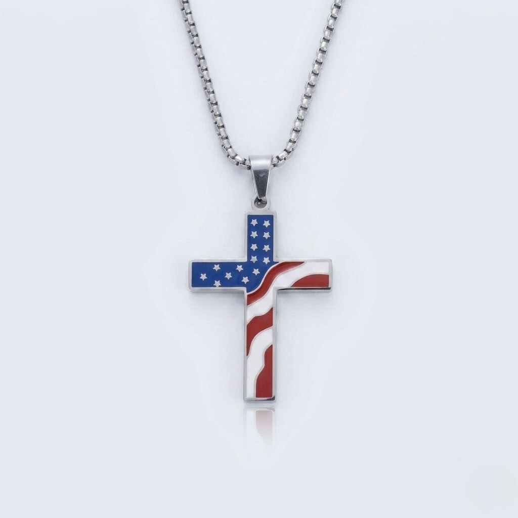 Patriotic American Flag Cross Pendant Necklace