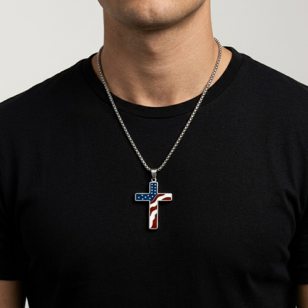 Patriotic American Flag Cross Pendant Necklace