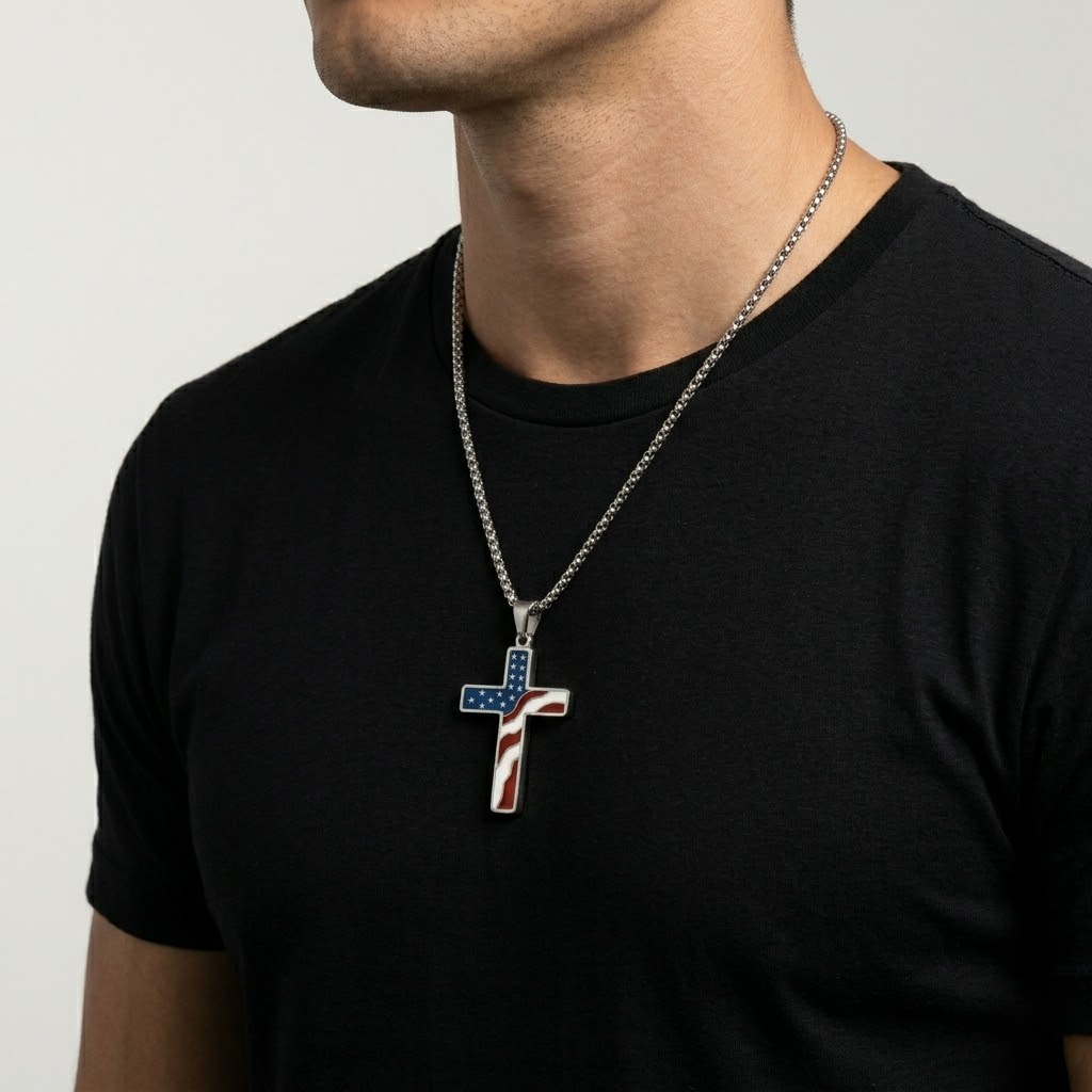 Patriotic American Flag Cross Pendant Necklace