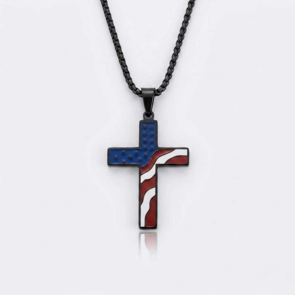 Patriotic American Flag Cross Pendant Necklace