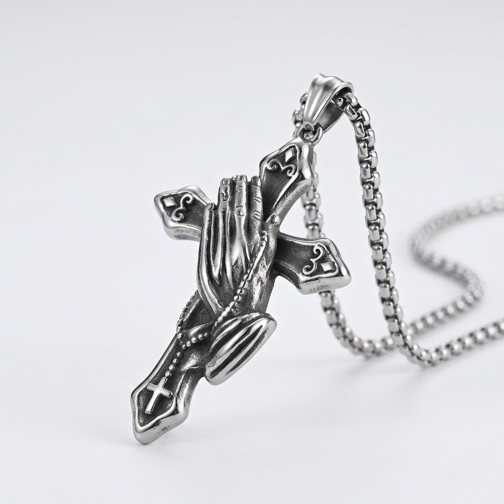 Praying Hands Vintage Cross Pendant Necklace