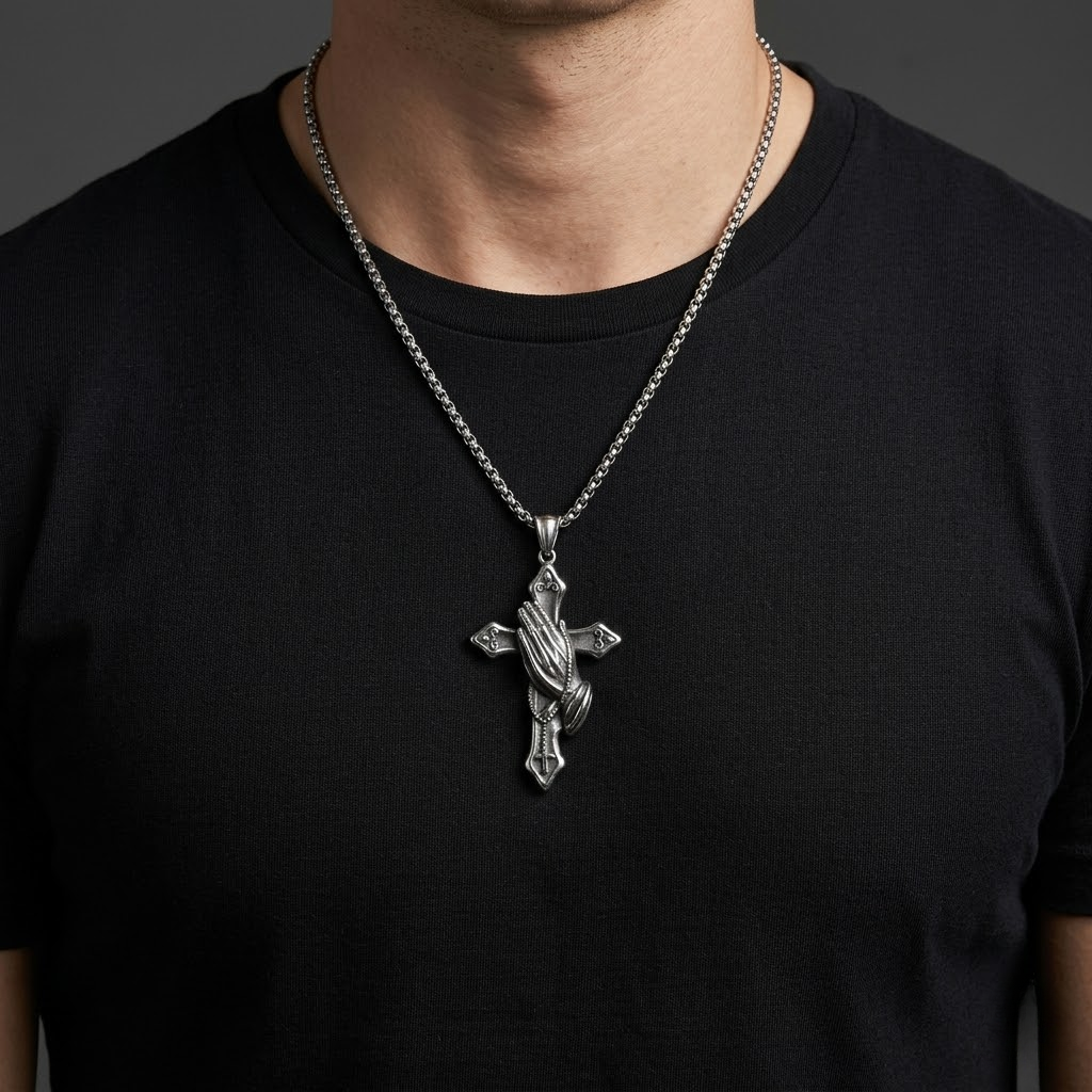 Praying Hands Vintage Cross Pendant Necklace