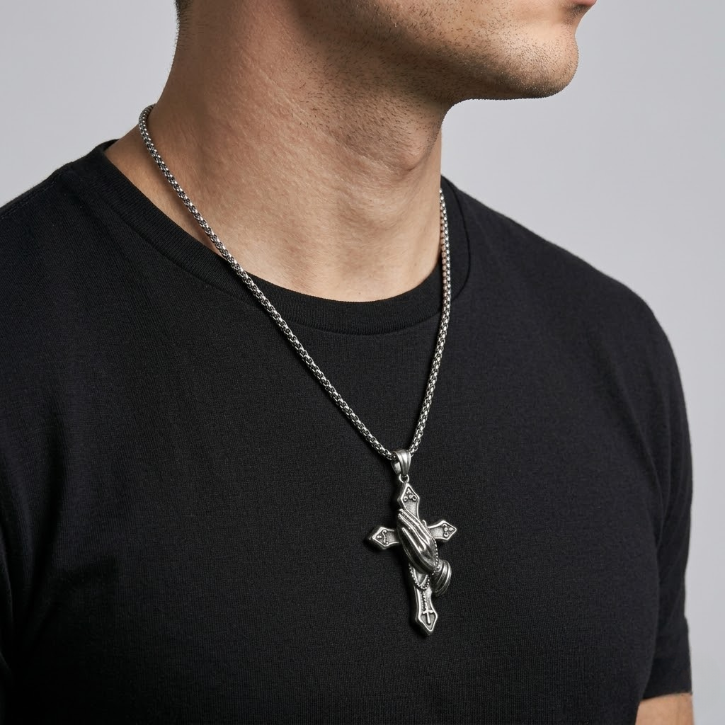 Praying Hands Vintage Cross Pendant Necklace