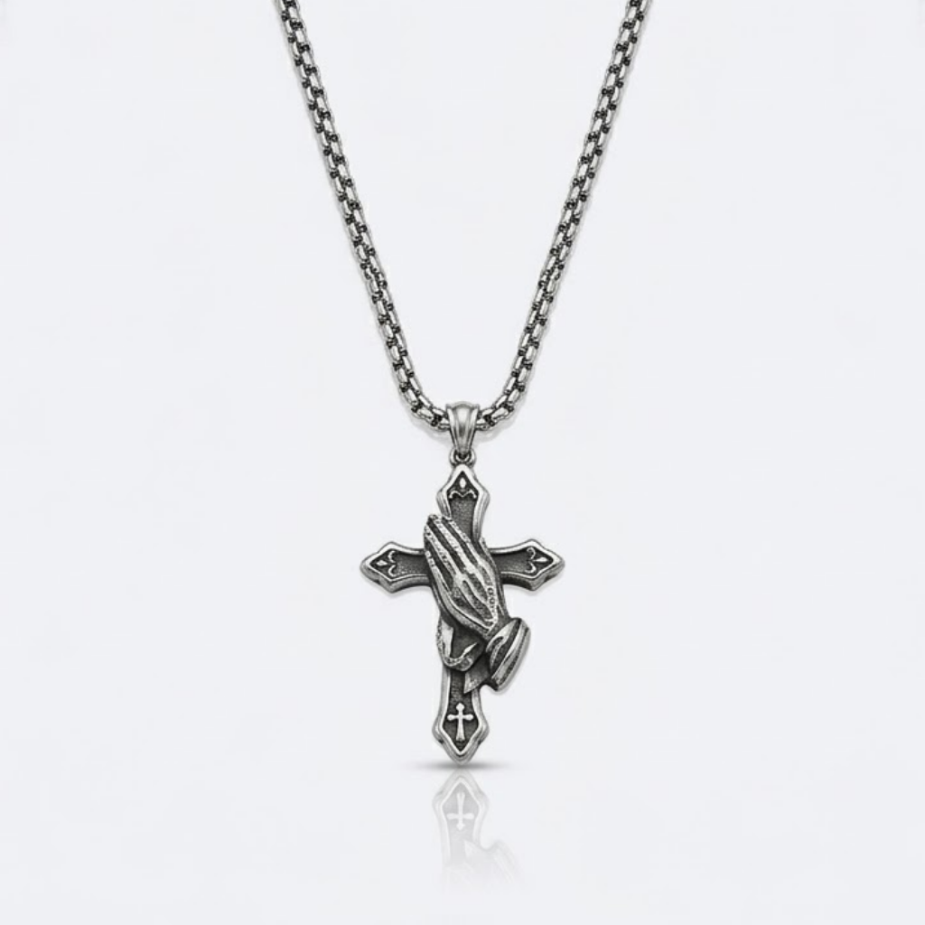 Praying Hands Vintage Cross Pendant Necklace