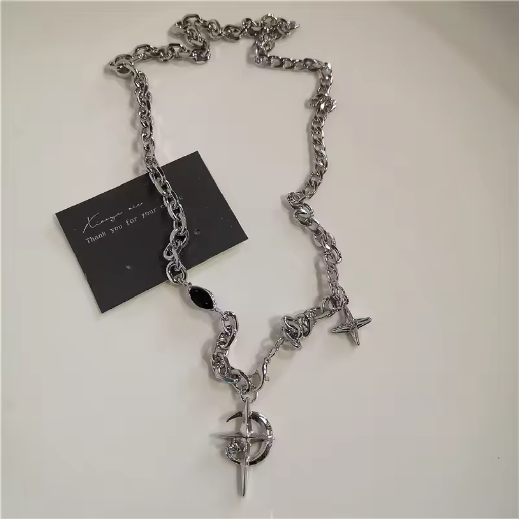 Punk Rock Black Heart Cross Pendant Chain Necklace For Men Women Hip Hop Street Vintage 90s Y2K Grunge Goth Accessories