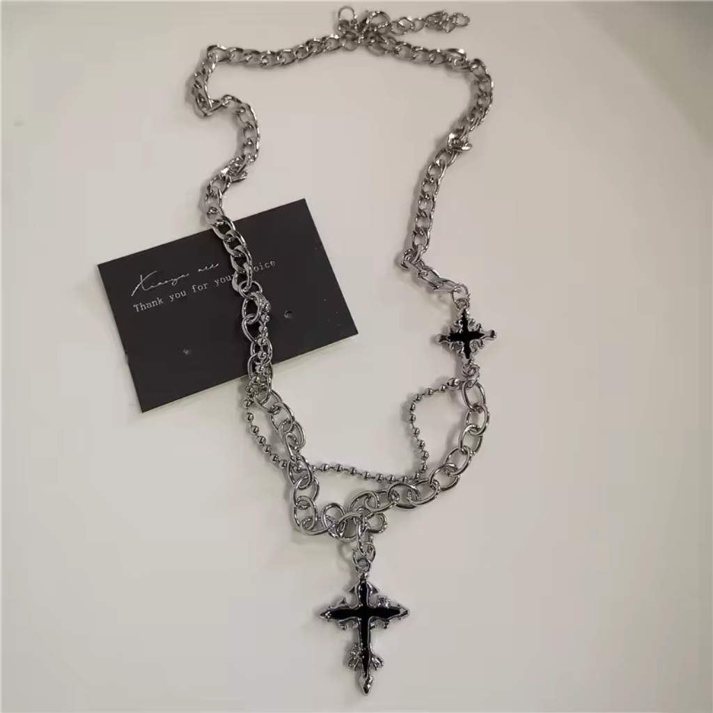 Punk Rock Black Heart Cross Pendant Chain Necklace For Men Women Hip Hop Street Vintage 90s Y2K Grunge Goth Accessories