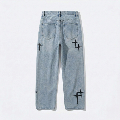 Relaxed Fit Denim Jeans with Crosses | Y2K Streetwear