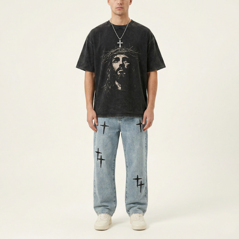 Relaxed Fit Denim Jeans with Crosses | Y2K Streetwear