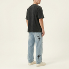 Relaxed Fit Denim Jeans with Crosses | Y2K Streetwear