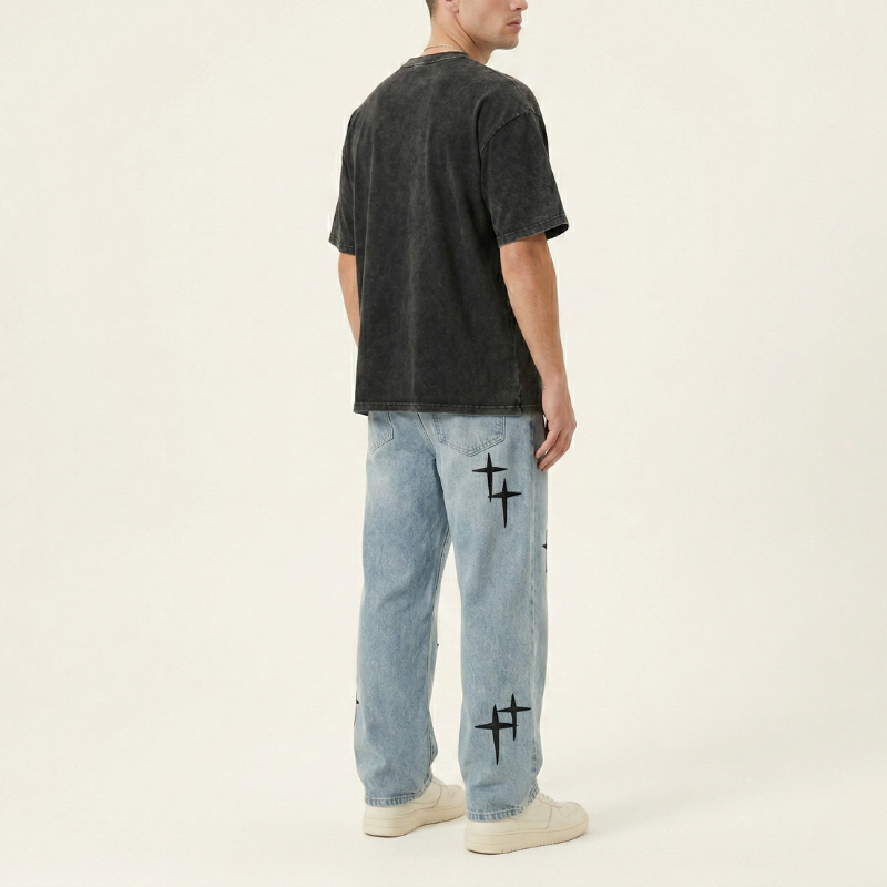Relaxed Fit Denim Jeans with Crosses | Y2K Streetwear