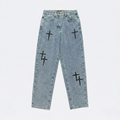 Relaxed Fit Denim Jeans with Crosses | Y2K Streetwear