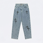 Relaxed Fit Denim Jeans with Crosses | Y2K Streetwear