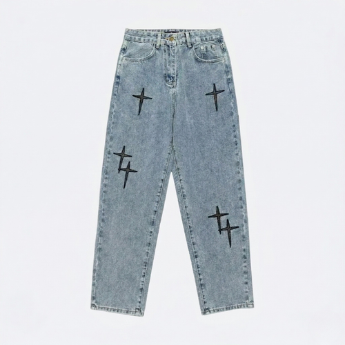 Relaxed Fit Denim Jeans with Crosses | Y2K Streetwear